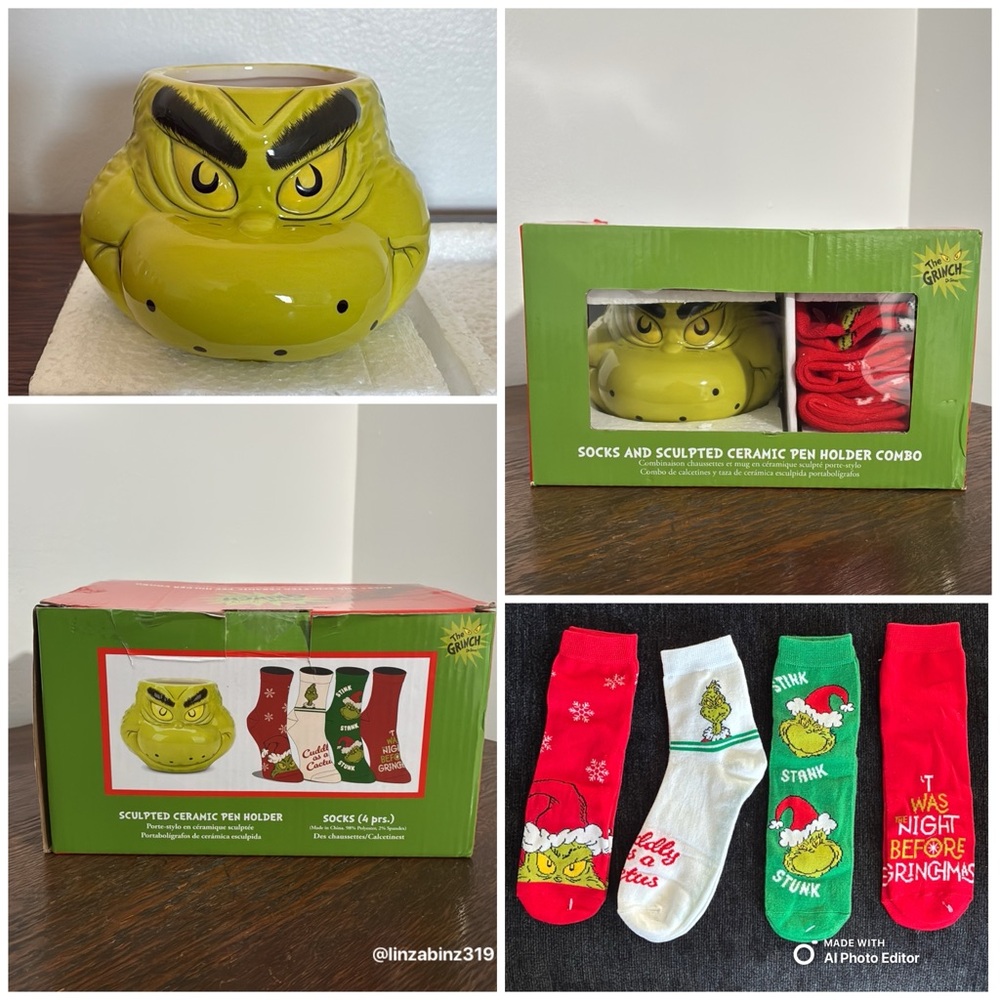 BNIB- Dr. Seuss The Grinch- Ceramic Pen Holder & 4 Pairs of Socks Gift Box Set